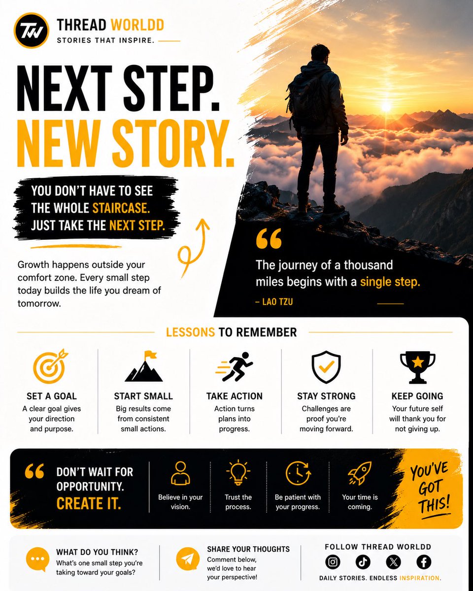 threadworldd's tweet photo. You don’t have to see the whole staircase.

Just take the next step.

Small actions repeated every day create extraordinary results.

Keep moving forward.

Follow @threadworldd.

#Motivation #Mindset #Success #Discipline https://t.co/2la1HEte90