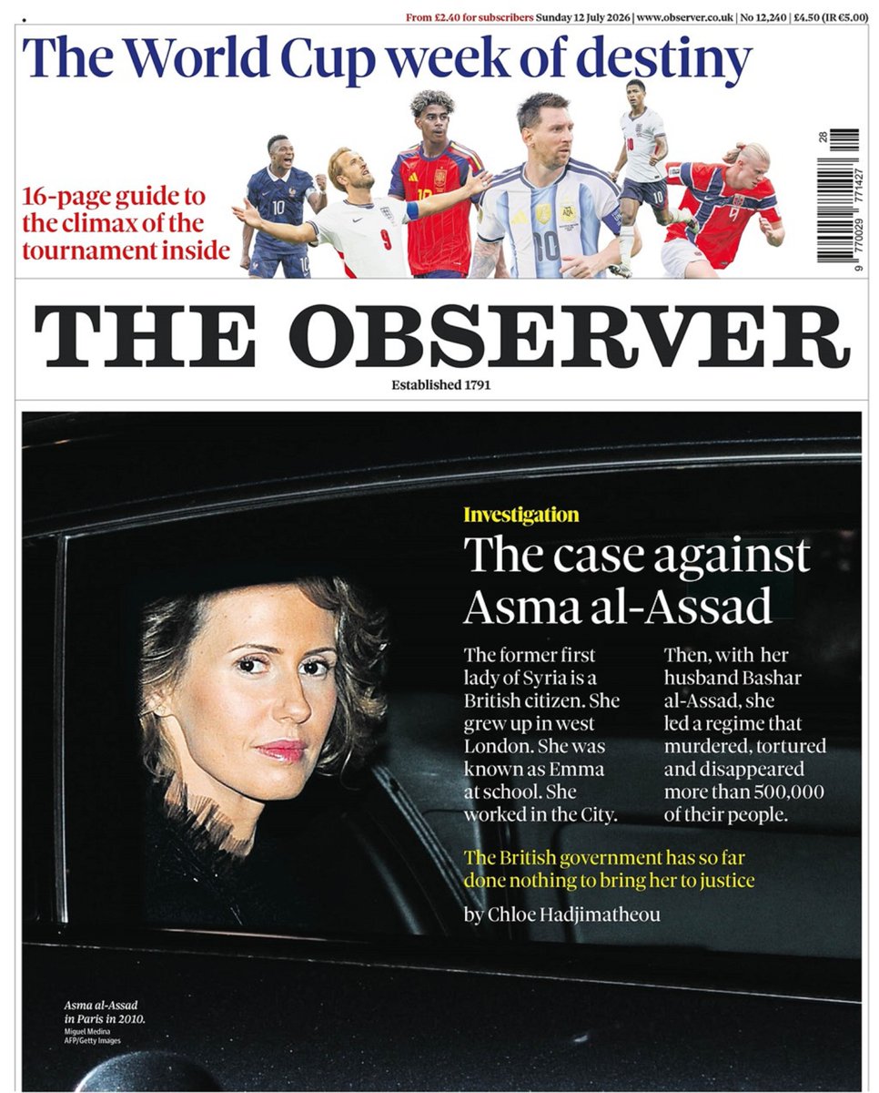 AndyGibsonTV's tweet photo. "THE CASE AGAINST ASMA AL-ASSAD"
@ChloeHadj for @ObserverUK
The former First Lady of Syria, British citizen Asma Al-Assad, faces scrutiny over her role in Bashar Al-Assad’s murderous regime.
#TheObserver
#TomorrowsPapersToday