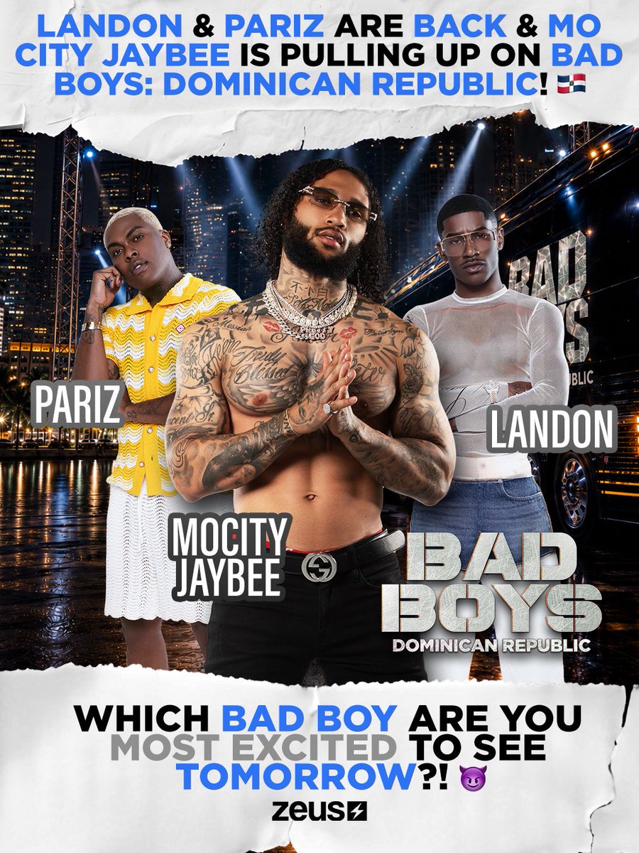 The_ZeusNetwork's tweet photo. 😮 #Landon @starcosmetics2 & #Pariz are BACK at the house & OG #MoCityJaybee is making his #BadBoysDominicanRepublic DEBUT! 😈 Run it up & pick the #BadBoy you’re most EXCITED to see TOMORROW!🇩🇴
Link in bio to watch the NEW EPISODE of #BadBoysDominicanRepublic TOMORROW on ZEUS⚡️ https://t.co/sRjq2XI3r7
