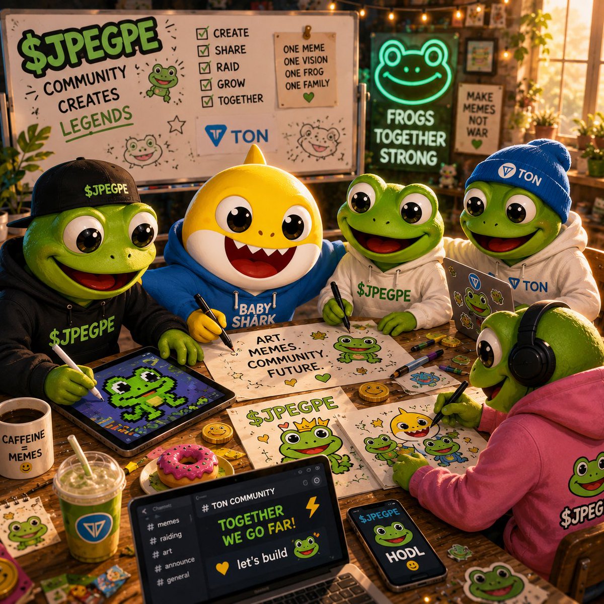 Sakuraackx's tweet photo. A strong meme project isn't built by hype alone—it's built by the community.

That's what stands out about $JPEGPE. Every meme, artwork, and interaction helps shape the project's identity.

What's your favorite thing about $JPEGPE so far? 🎨🐸
Our beloved mascot with baby shark😌 https://t.co/srg10mnHXU