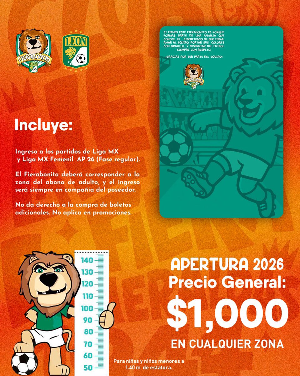clubleonfc's tweet photo. ¡𝗘𝗟 𝗙𝗜𝗘𝗥𝗔𝗕𝗢𝗡𝗜𝗧𝗢 𝗘𝗦𝗧𝗔́ 𝗔𝗤𝗨Ɩ́ⵑ 🦁

Para que más y más peques compartan con su familia en el Glorioso 🏟️y apoyen a #LaFiera 💚.

Adquiérelo en las taquillas del Estadio. https://t.co/AdlwhMYMKr