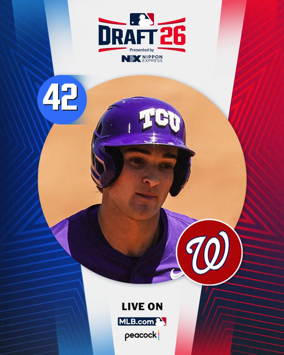 MLBDraft's tweet photo. With the 42nd pick in the 2026 Draft, the @Nationals select @TCU_Baseball outfielder Chase Brunson, No. 50 on the Top 250 Draft prospects list.

Watch live: https://t.co/XWNTXiKgPC https://t.co/FLqR2jQ0nc