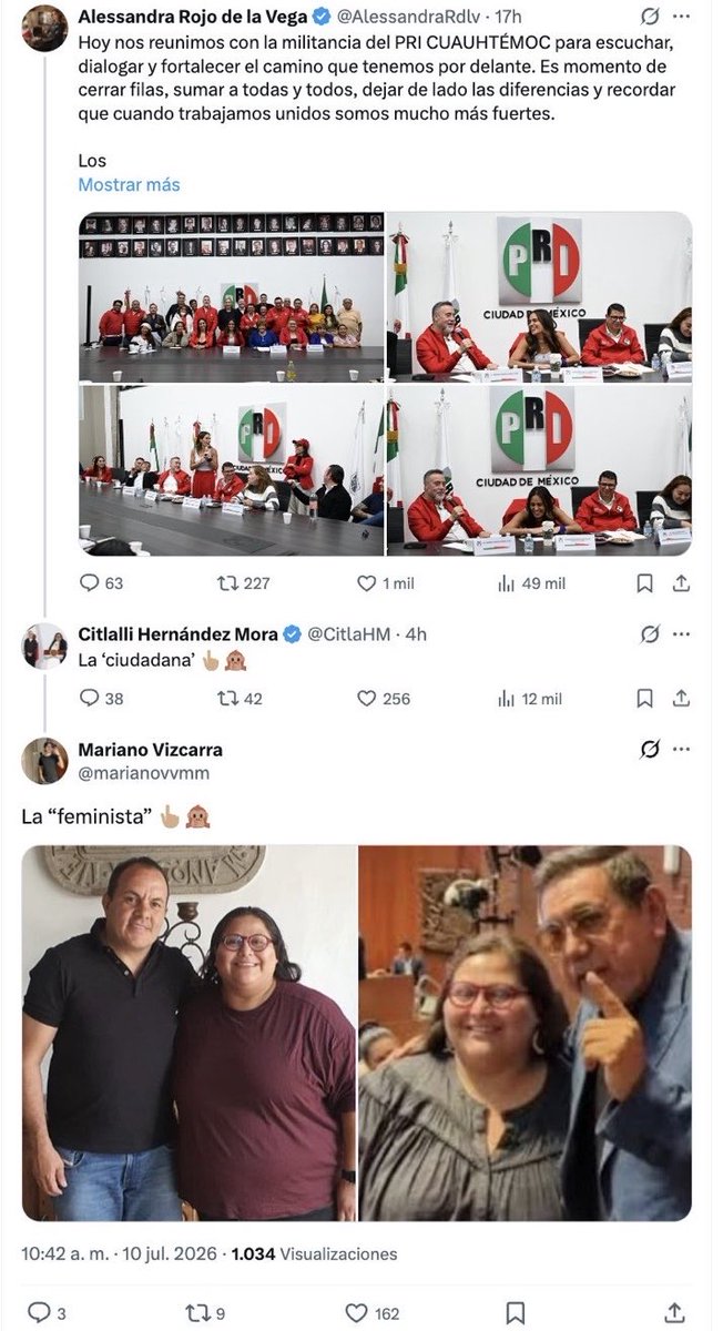 LuisCardenasMx's tweet photo. ➡️La alcaldesa @AlessandraRdlv llamó a “cerrar filas” y dejar de lado diferencias dentro del PRI Cuauhtémoc.

La morenista Citlalli Hernández respondió con ironía: “La ‘ciudadana’”, mientras usuarios le llamaron “La feminista” y recordaron sus fotografías junto a Cuauhtémoc Blanco y Félix Salgado Macedonio