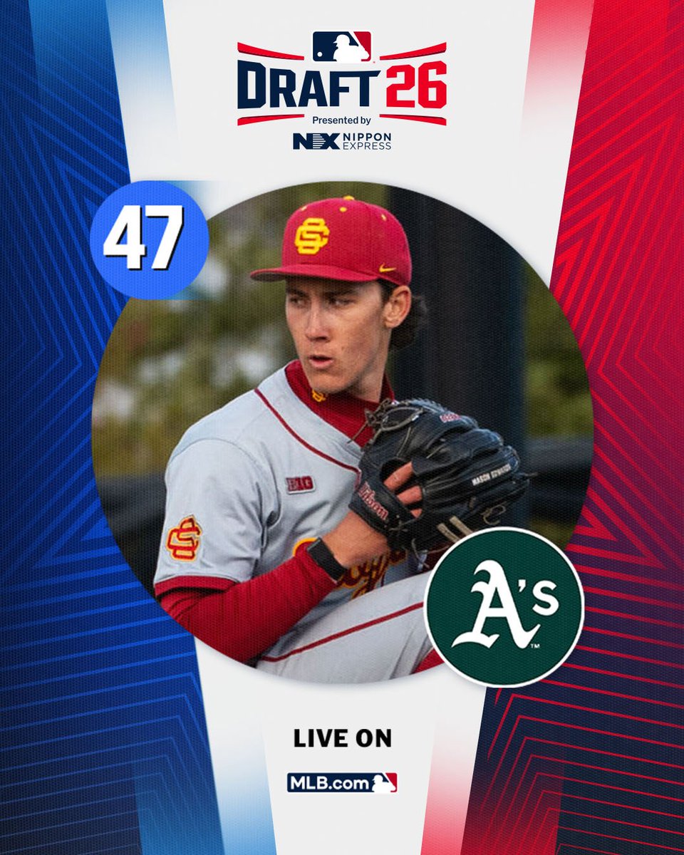 MLBDraft's tweet photo. With the 47th pick in the 2026 Draft, the @Athletics select @USC_Baseball left-handed pitcher Mason Edwards, No. 36 on the Top 250 Draft prospects list.

Watch live: https://t.co/XWNTXiKgPC https://t.co/0VtPB1I3wq