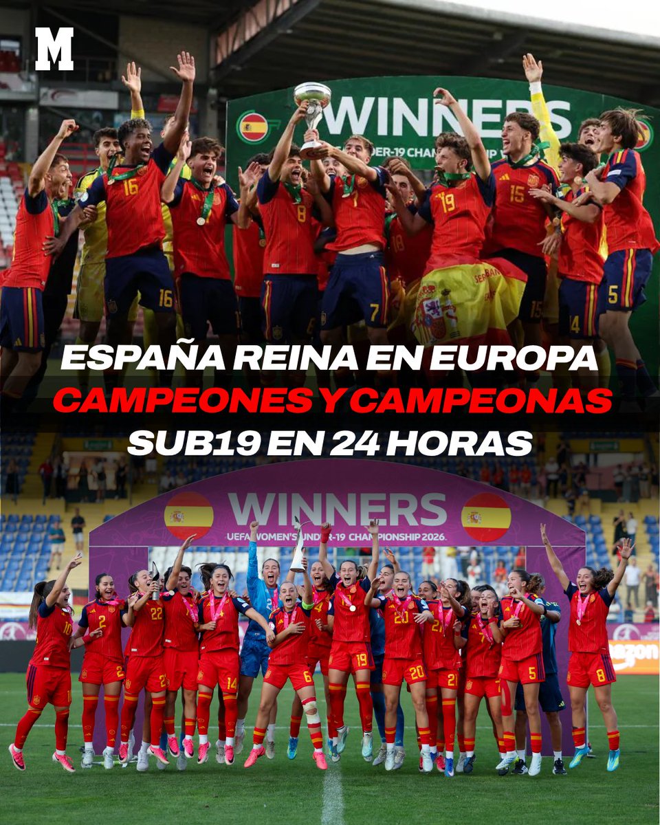 marca's tweet photo. ‼️ ¡Otro Europeo al bolsillo! España hace doblete en 24 horas

🏆 Primero la @SEFutbolFem sub19
🏆 Ahora la @sefutbol sub19 https://t.co/G89fxZkEiW