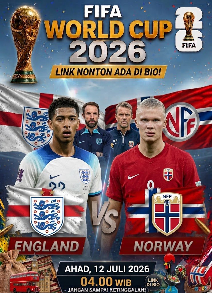 indoscore_net's tweet photo. SAVE THE DATE! Jangan sampai ketinggalan duel seru Inggris melawan Norwegia di FIFA World Cup 2026! Catat tanggalnya: Ahad, 12 Juli 2026 pukul 04.00 WIB! 🔥 #WorldCup2026 #EnglandvsNorway #JadwalBola https://t.co/PNuHKzWXlS