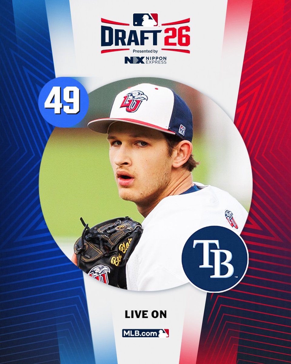 MLBDraft's tweet photo. With the 49th pick in the 2026 Draft, @RaysBaseball selects @LibertyBaseball right-handed pitcher Ben Blair, No. 58 on the Top 250 Draft prospects list.

Watch live: https://t.co/XWNTXiKgPC https://t.co/hLCOWZFIh5