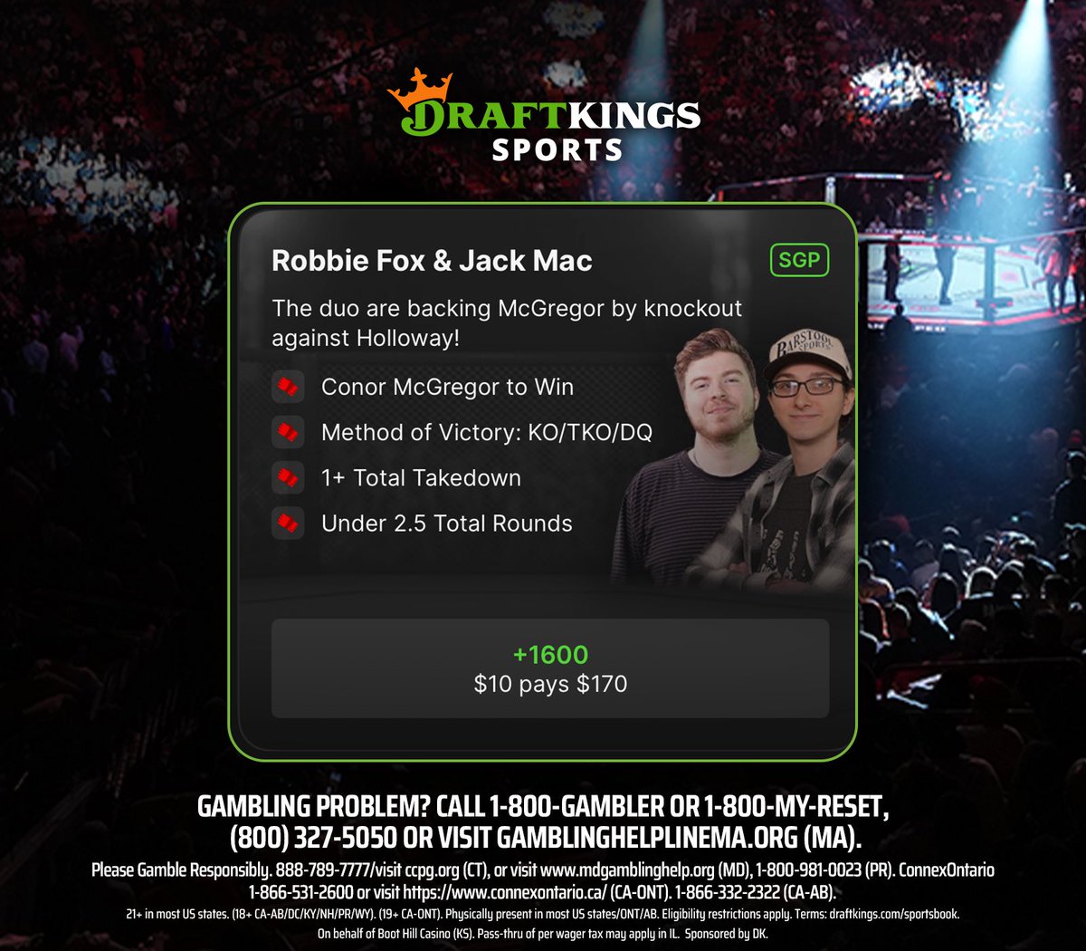 SpinninBackfist's tweet photo. Our parlay is LIVE on @DKSports

McGregor to win by KO
1+ takedown
Under 2.5 rounds

DK is no available in all 50 states. New customers who sign up with StoolFights and spend $5 will receive $200 in rewards. https://t.co/qLzyOMU2Hm