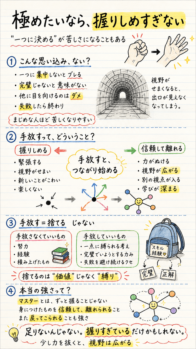 coh_enzyme's tweet photo. 「一つに決めなきゃ」
と思うほど、前に進めなくなることがある。

でも、手放すのは努力じゃない。
"握りしめる考え方"かもしれない。

気持ちが少し軽くなる視点を記事に書きました🌱

#自己成長 #マインドセット https://t.co/fHfQuiE5Go