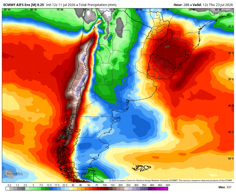 TiempometVx's tweet photo. 🚨 ECMWF ENS y ENS AIFS coinciden en un evento de precipitaciones excepcional: 200–450 mm en sectores de la zona central y norte chico. La señal también extiende lluvias hasta Atacama y sugiere un escenario de alto impacto. https://t.co/AAor72xahB