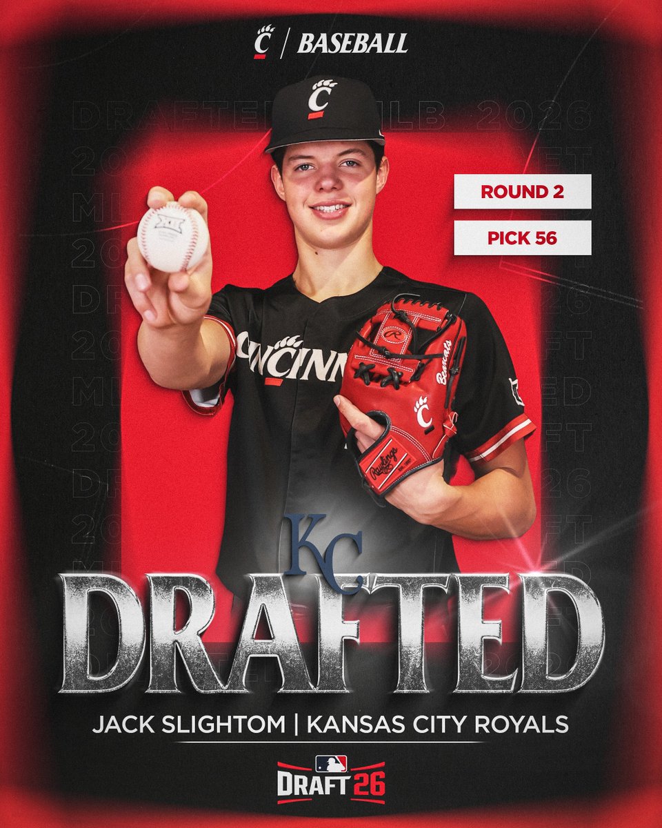 GoBearcatsBASE's tweet photo. Congratulations to Class of 2026 signee @JackSlightom13 on being drafted by the @Royals!

#Bearcats | #TenGames https://t.co/Aelyqzq7Ma