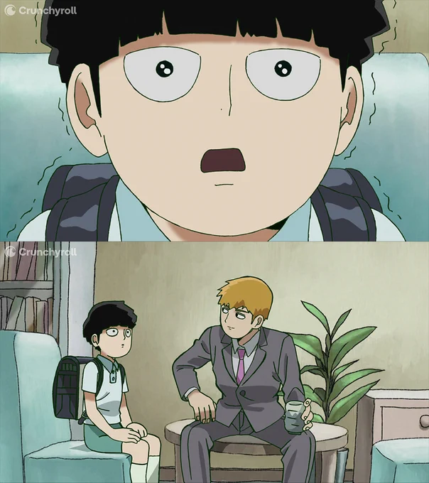 Two-panel image from the anime \"Mob Psycho 100.\" Top: young Mob's face in extreme close-up, eyes wide with shock, mouth open, wearing a school backpack and shaking. Bottom: young Mob sitting beside Arataka, a man in a gray suit holding a mug. They are seated on couches in a room with a potted plant.