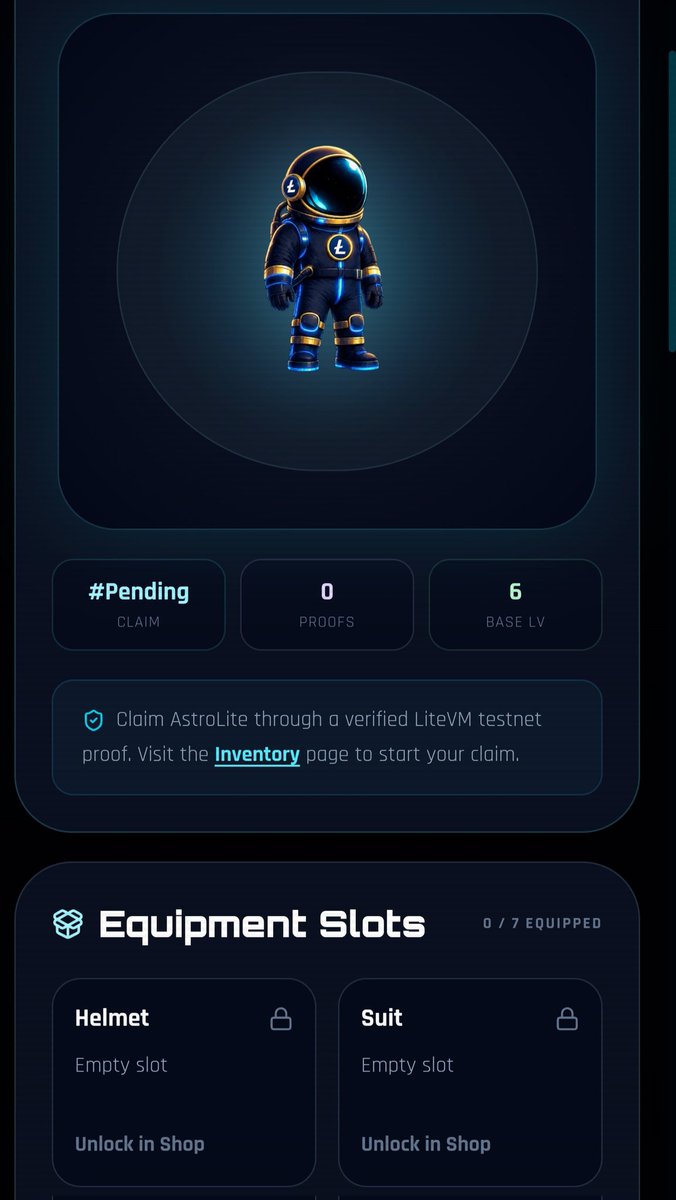 Moonlite_GAME's tweet photo. AstroLite is no longer just a companion.
It is becoming your identity inside #MOONLITE.
Claim it.
Equip it.
Build it.
7 equipment slots.
Cosmetic progression in Phase 1.
Expeditions, missions and deeper RPG utility planned for Phase 2.
This is the final testing phase.
The official Telegram link will be shared within the next few days.
Your AstroLite journey starts here. 🌕
Built on @LitecoinVM 🌕✅️