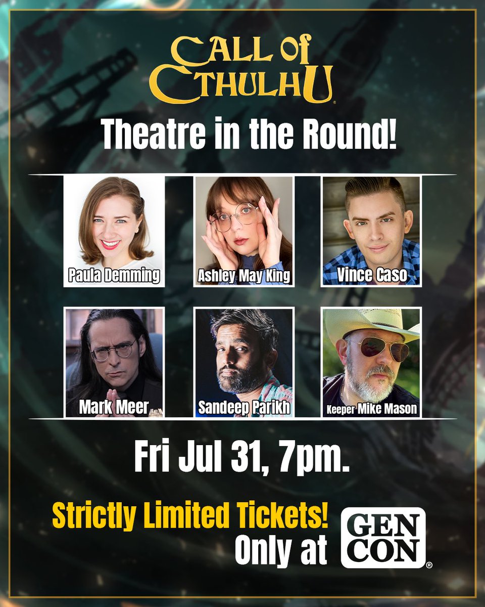 Mark_Meer's tweet photo. 🦑 I’ll be joining @Chaosium_Inc for 2 sessions of Call of Cthulhu: Theatre in the Round at @Gen_Con 2026! Join me, Keeper Mike Mason &amp; an amazing array of actual play All-Stars at 7PM on Fri July 31 and Sat Aug 1 for a sanity-shattering journey into cosmic horror! 

#GenCon2026 https://t.co/qnwxsF1uEU