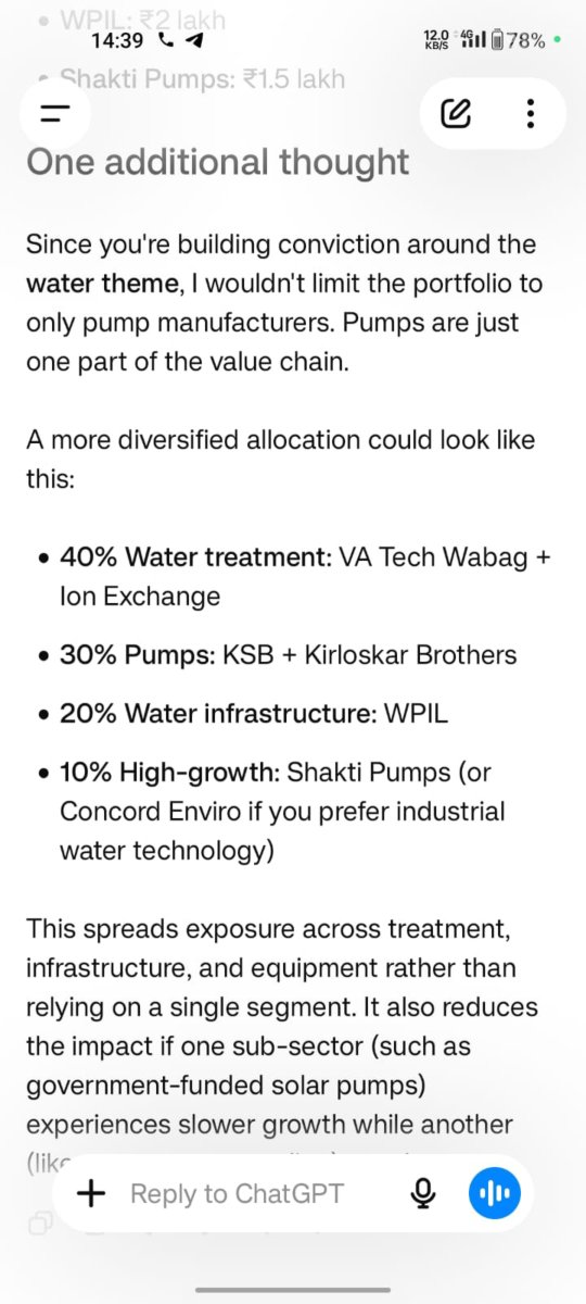SwingwithHero's tweet photo. @Ishan_Narayan_ I did shortlist stocks related to water theme, pumps and ai two weeks before, this is the allocation one can give for long term investment.
I think water management stocks will be multibagger in the coming years.

If it provides you value, just retweet this for maximum reach https://t.co/aSeUaS4sV6