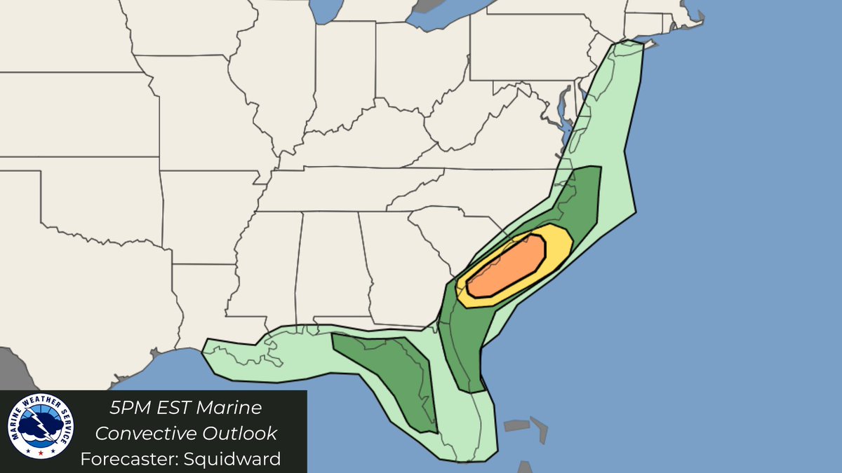 mwsbikinibottom's tweet photo. 5PM EST Convective Outlook: Elevated (3/5) for coastal South Carolina, primarily damaging winds up to 60 kts and a few waterspouts likely. Isolated hail cannot be ruled out in stronger storms. https://t.co/aSfaetBJVP