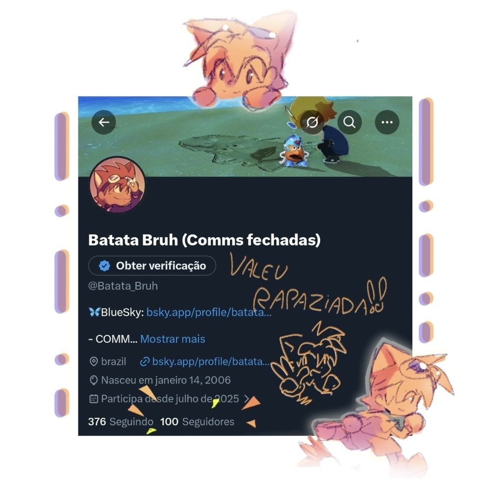 Batata_Bruh's tweet photo. CHEGAMOS A 100 SEGUIDORES!!!

Muito obrigado gente, de verdade mesmo

Obs: não tava no pc no momento então tive que improvisar algo aqui no celular ksk https://t.co/5KSdIfcBrQ