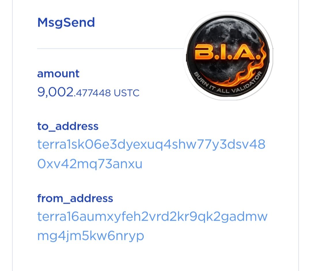 LuncBurnItAll's tweet photo. Dear Lunc Community:
9,002 Ustc has been bought back & burned 🔥
BIA has been Buying Back and Burning Ustc for the 147th week straight! 😎
Delegate with Burnitall Validator if you wanna see constant building and burning 🔥🔥🔥📢⚠️💯 https://t.co/KSLSJph1L6