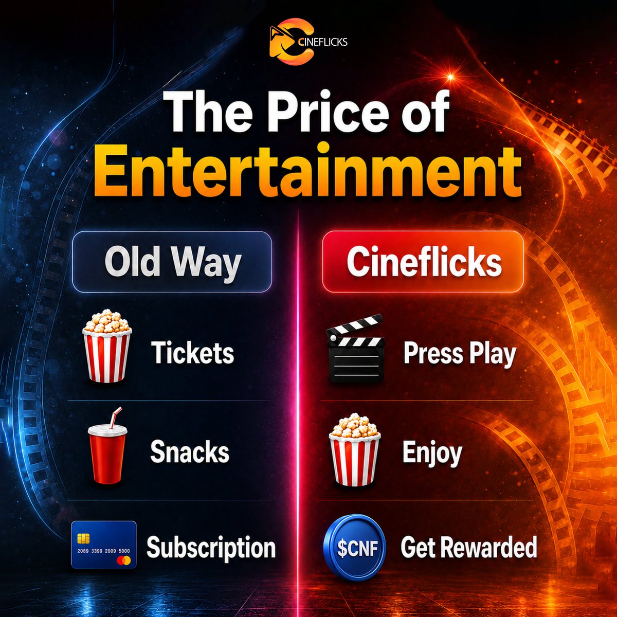 CineflicksOTT's tweet photo. We never questioned the cost of entertainment.

A movie ticket. A subscription. Another monthly payment.

But what if the experience didn't end when the credits rolled?

At Cineflicks, every press of the play button is part of something bigger.

🎬 Watch. Earn. Repeat. https://t.co/kp3FVggSrD