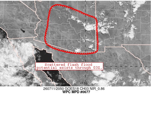 NWSWPC's tweet photo. #WPC_MD 0677 affecting portions of southern through central and eastern Arizona, #nmwx #azwx, https://t.co/mXFgNCdO3c https://t.co/hoP0T5ny6f