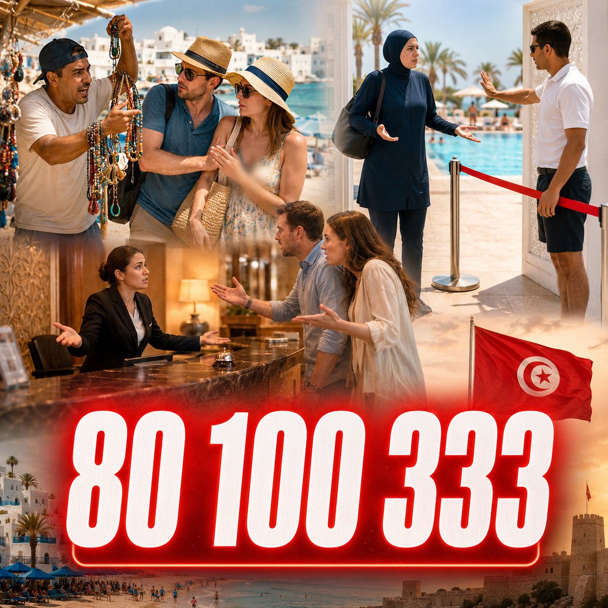 TounsDawla's tweet photo. 🇹🇳 📞 Touristes victimes de vente forcée, de discrimination vestimentaire ou de services non respectés un numéro vert pour signaler les abus !

👉 Le ministère du Tourisme renforce les contrôles en pleine saison estivale et rappelle le numéro vert 80 100 333, accessible 24h/24 pour déposer une réclamation contre les hôtels, restaurants touristiques et agences de voyages.

🟥 Les plaintes peuvent notamment concerner la vente conditionnée, les prestations non conformes, le non-respect des offres annoncées ou les interventions abusives sur la tenue des estivants. 

🧕 Cela peut aussi inclure les femmes empêchées injustement de se baigner avec un burkini conforme aux règles d’hygiène et de sécurité.