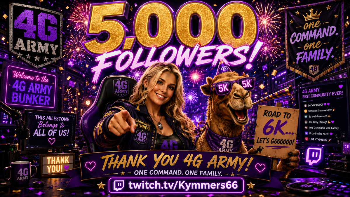 Kymmers66's tweet photo. 🚨🚨 WE DID IT!! 🚨🚨

🎉 5,000 TWITCH FOLLOWERS!! 🎉

WOW... I honestly don't even know what to say.

From the bottom of my heart... THANK YOU to every single one of you who has stopped by the stream, lurked, chatted, laughed, cheered, played poker, raced marbles, survived Humphrey's antics, or simply believed in what we're building together.

This community has become so much more than a Twitch channel...

💜 It's family.
🫡 It's the 4G Army.
🐪 It's one command. One family.
This milestone belongs to ALL of us.
Here's to the next adventure... more laughs, more deep runs, more community events, more giveaways, and hopefully plenty more victories together!

THANK YOU for being part of this incredible journey.

Now...

🚀 ROAD TO 6K... LET'S GOOOOOOO!! 🚀

💜 https://t.co/ypq8FqThlY
@ACRSTormers @Gripsed @SkullBone78 
#Twitch #TwitchAffiliate #Gaming #Poker #Streaming #4GArmy #ThankYou #5000Followers #LetsGo