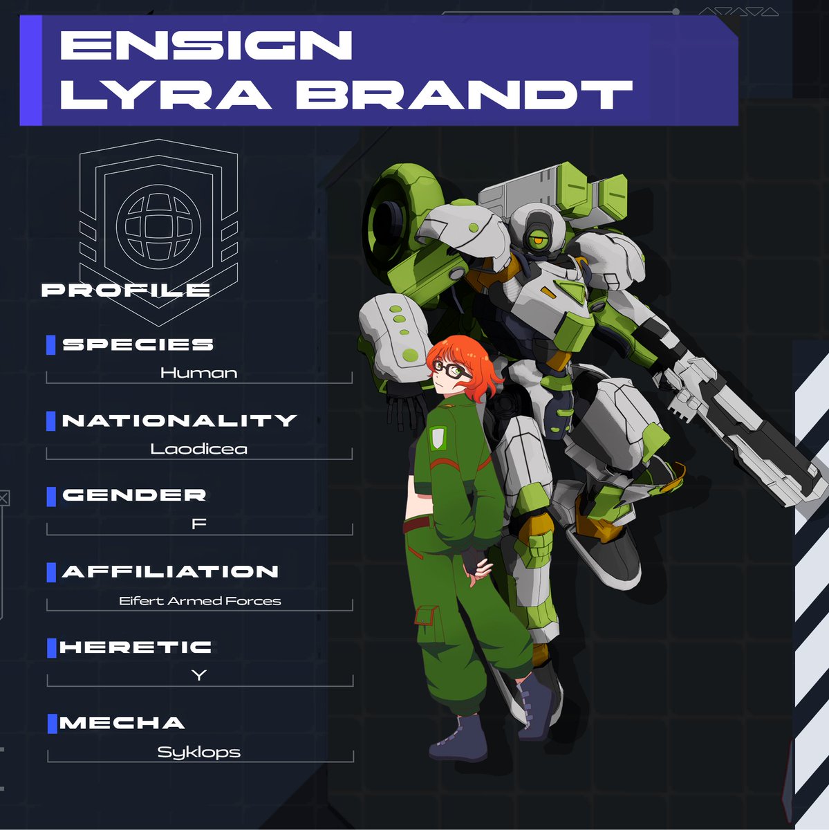 mecha_blitz's tweet photo. LYRA BRANDT // Eifert Armed Forces
Kind-hearted, hardworking, and always quick with a smile, she's earned a reputation as one of Eifert's most dependable pilots. But her unusual devotion, uncanny skill with a knife, and eagerness for enemy encounters unsettles allies.
#MechaBlitz https://t.co/1RJV8AOxjR