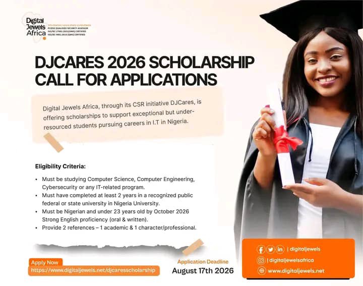 SproutHRJobs's tweet photo. DIGITAL JEWELS IS OFFERING FULL SCHOLARSHIPS: Tech & STEM Undergraduates

🏢 Sponsor: Digital Jewels Limited
🚀 Opportunity: Digital Jewels #Scholarship2026
🎓 Eligible: Undergrad STEM Students in Nigerian Public Universities (200L–300L)
💰 Benefits: 100% Full Tuition Coverage + Executive Mentorship + Direct Job Placements 💼
📅 Deadline: August 17, 2026 (Apply Before Portal Closes!)

Attention undergraduate tech talents! Cruise through university tuition-free with a premier IT governance and cybersecurity consulting firm. If you want to eliminate your academic financial burden, gain access to corporate industry mentors, and secure direct job placements upon graduation, this massive career accelerator opportunity is for you.

Key Requirements & Benefits:
• Must be an undergraduate student studying a STEM course in a Nigerian Public University
• Strictly open to students currently in their 2nd or 3rd year (200L–300L)
• 100% full financial backing covering your academic tuition costs straight until graduation
• Premium access to professional mentorship and fast-tracked pathways into top-tier tech roles
Secure your academic funding and future career. Fast-track your application process and apply now 👇
https://t.co/WZzsbH16xu

If you are looking for a job as a graduate or professional looking to get remote roles, scholarships, GT programs with it’s past questions and career updates then you should join this group. 👇🏽
https://t.co/uXQVwYRWND