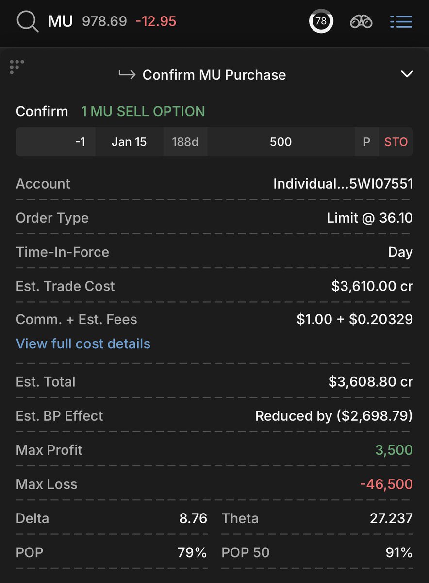 WealthCoachMak's tweet photo. 🚨 $MU Trade Idea 🚨

If you like $MU as a stock and if you think it will be above $500 in 6 months

Sell a put that is for Jan 2027 expiration 

- 1/15/27 $500p

✅ Premium Received: $3,610

If you using portfolio margin for this…

The buying power used is only $2,699

🔥💰 https://t.co/BRMMlwNEjH