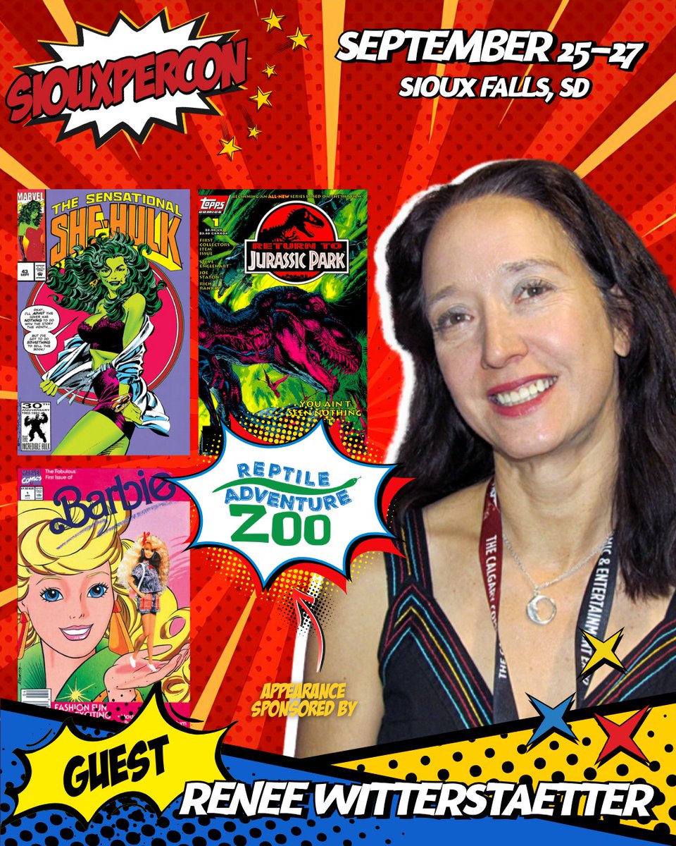 SiouxperCon's tweet photo. New Guest Alert!  👀

SiouxperCon welcomes Renee Witterstaetter, the mind behind She‑Hulk, X‑Files, Jurassic Park, Conan, Guardians of the Galaxy, and the hit exhibition/book “Cloaked Crusader.”

Catch her all weekend at SiouxperCon, thanks to our pals at Reptile Adventure Zoo! https://t.co/ZKIEPiGn4L