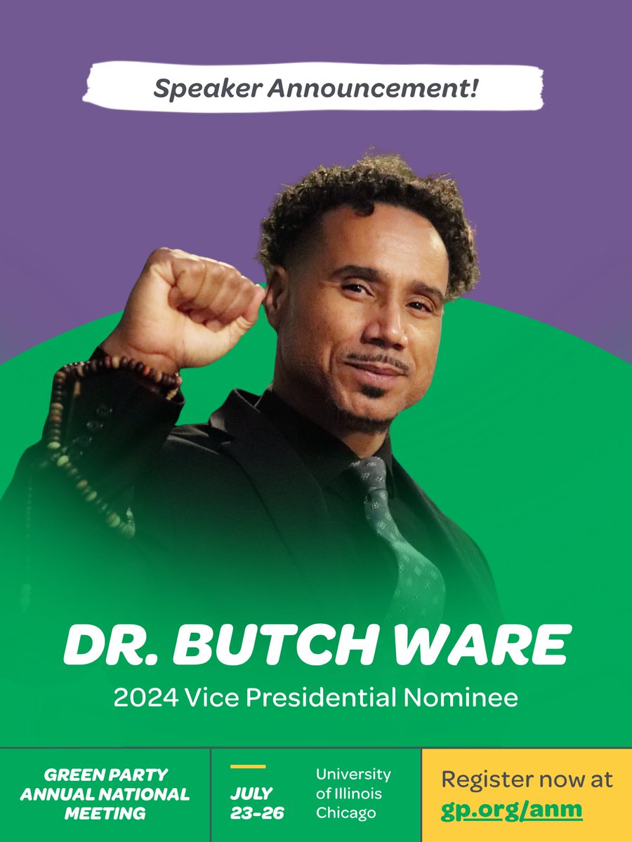GreenPartyUS's tweet photo. Dr. Butch Ware, Green Party 2024 vice presidential nominee, is headed to Chicago for the 2026 GPUS Annual National Meeting!

Dr. Ware is a history professor, activist, artist, and most recently ran for California governor.￼ https://t.co/8h138R7HSB