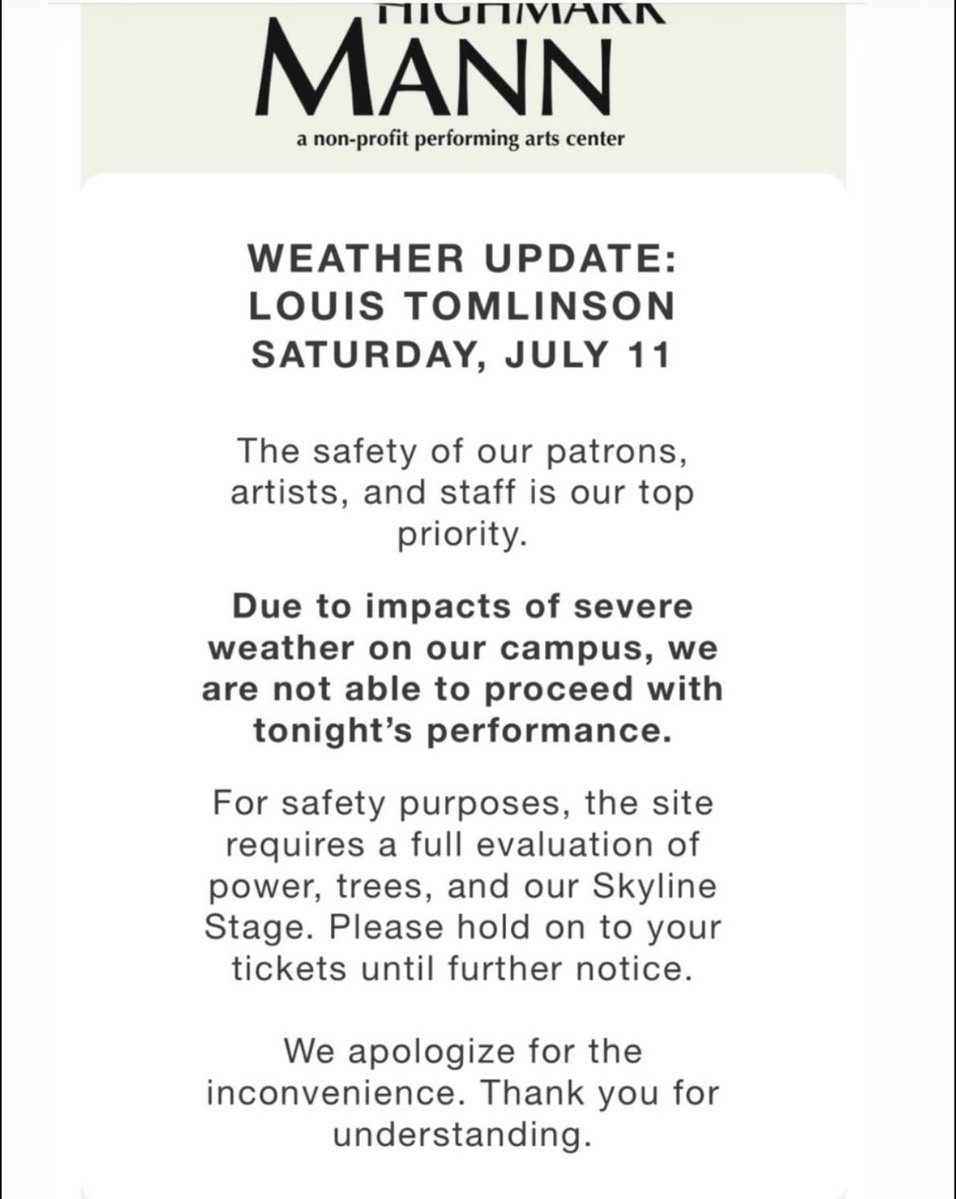 1Dnews_Control's tweet photo. 💙Due to safety concerns tonights show for Louis has been cancelled in Philadelphia! 

We’re sorry to those fans but understand it was unforeseen circumstances! 

#LouisTomlinson #HDIGH #HDWGHWT https://t.co/7iNSAFzkjf