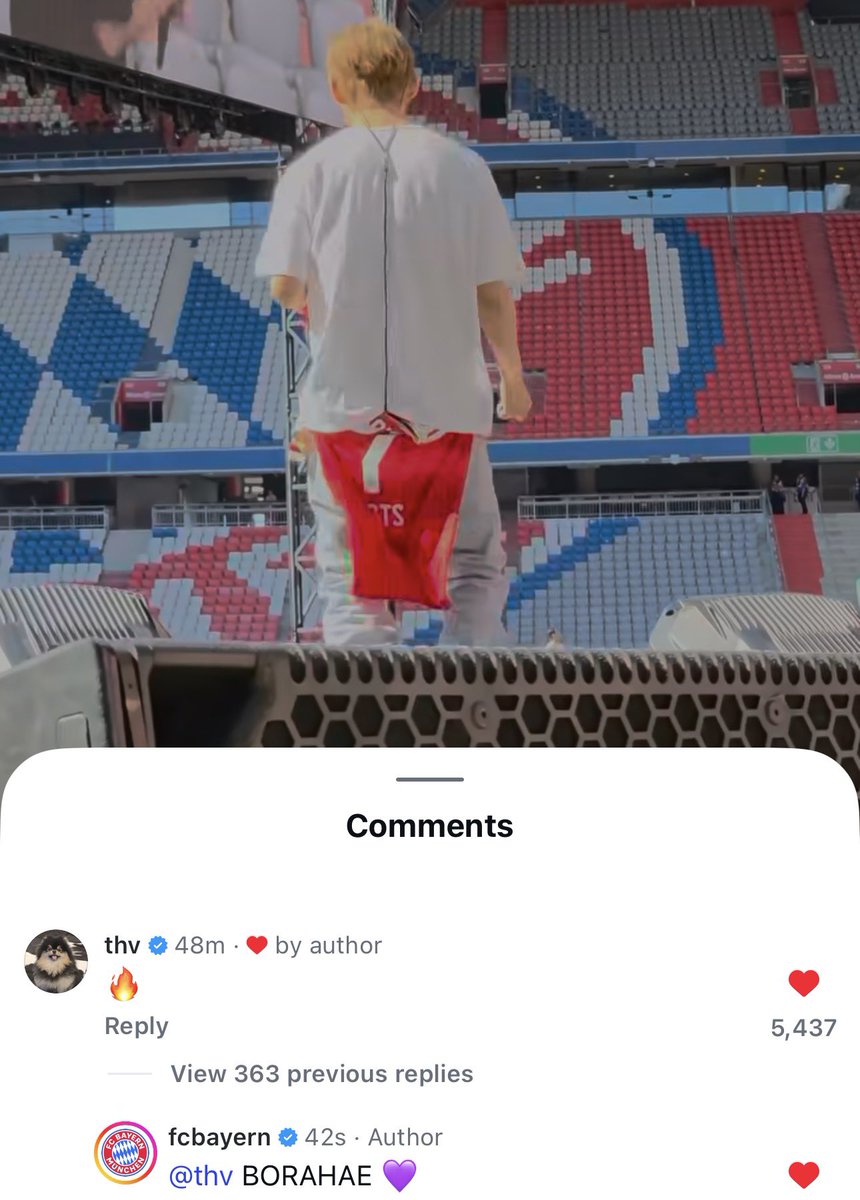 taeguide's tweet photo. [INFO] Taehyung commented on FC Bayern’s IG reel of Taehyung wearing their jersey https://t.co/xcOVW1EHaj