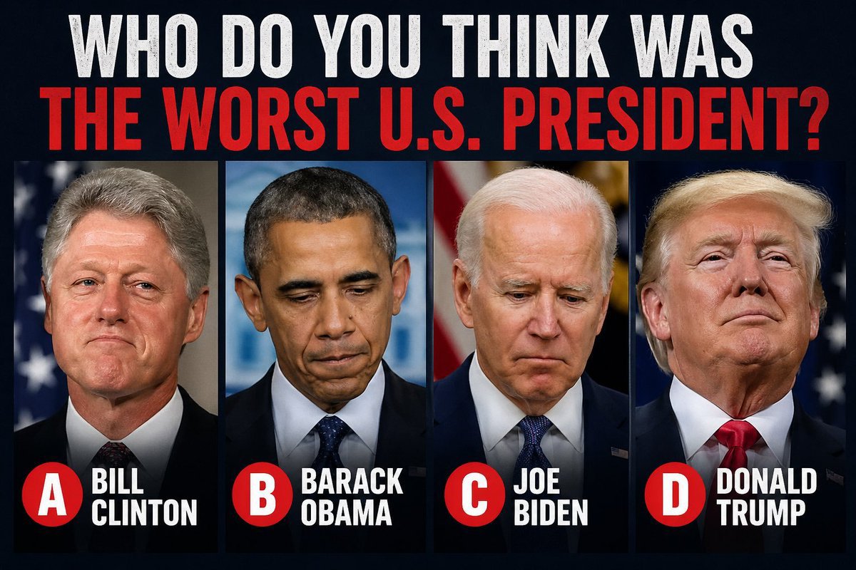 0laratrumpRv2's tweet photo. Who do you think was the Worst U.S President ?

A. Bill Clinton 
B. Barack Obama 
C. Joe Biden 
D. Donald Trump https://t.co/xMZjx39tfc
