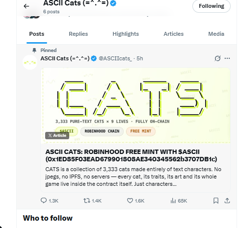 1houssain3's tweet photo. ASCII CATS proves that simple text can become timeless onchain art. With only 3,333 collectibles and a free mint, this drop blends creativity, permanence, and community into one unique digital journey. 
@ASCIIcats_ #ASCIICATS #RobinhoodChain #NFT #Web3 #FreeMint #OnChain https://t.co/tZwGvNeZcL