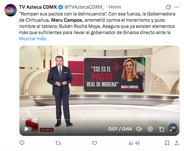 ZonaFreeMX's tweet photo. 🔴 @MaruCampos_G ha pagado a TV Azteca $95 millones del erario para difundir mentiras y guerra sucia contra la presidenta @Claudiashein y Morena.

—Hasta diciembre de 2025, la gobernadora panista pagó $2,504 millones a medios para encubrir su corrupción y abandono a Chihuahua. https://t.co/n9KaQ4BnSn