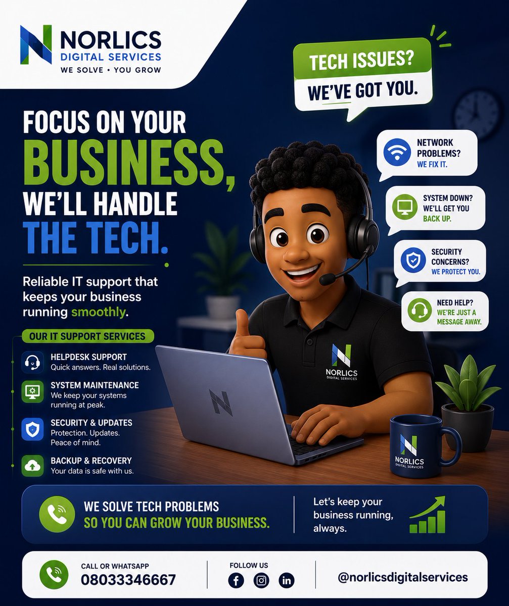 norlics20125's tweet photo. Tech problems shouldn't slow your business down.

Focus on growth—we'll handle the tech. 💻

#ITSupport #TechNigeria #businesssolutionstech  #NorlicsDigitalServices https://t.co/ysXiAiNMqn