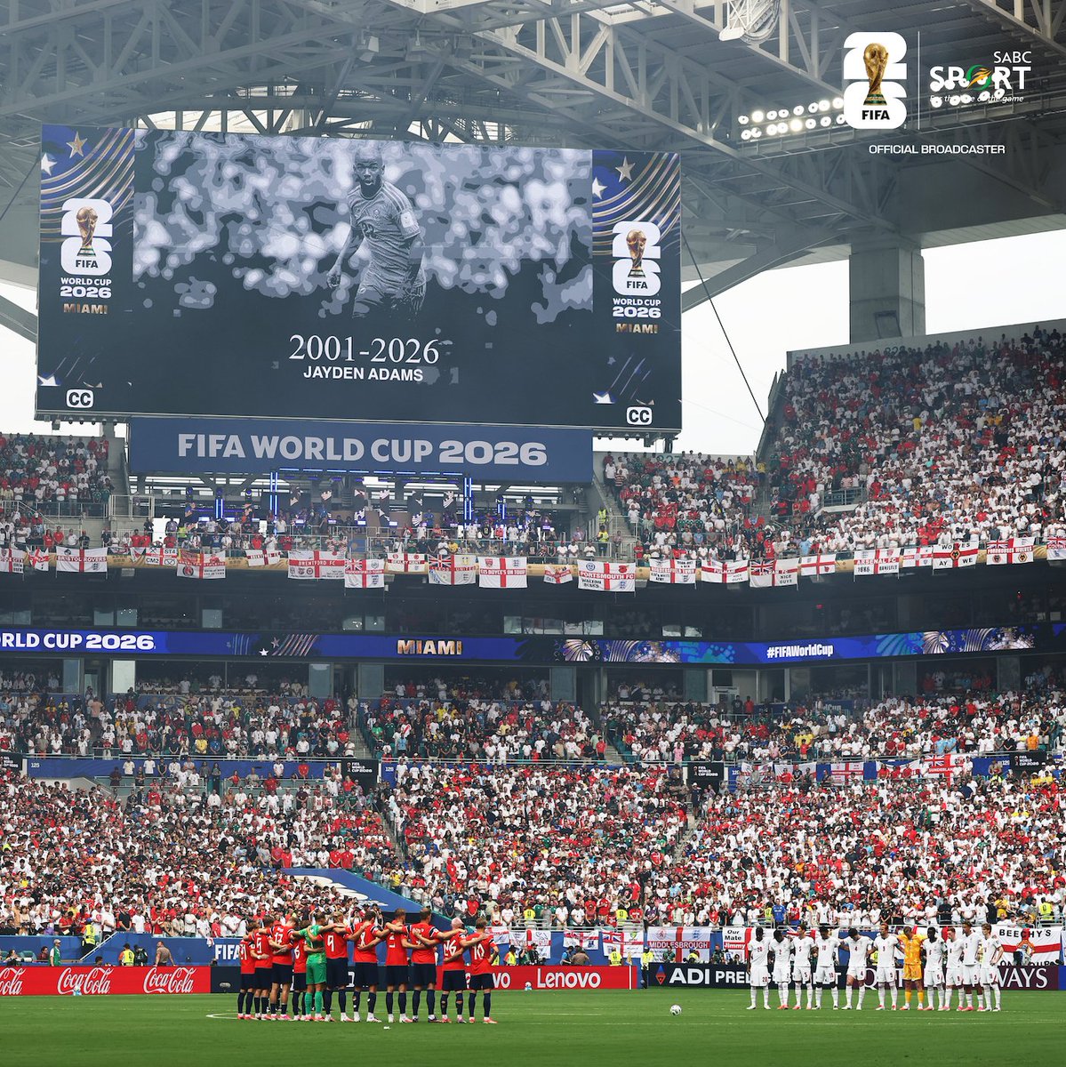 SABC_Sport's tweet photo. 🕊️ 𝕄𝕆𝕄𝔼ℕ𝕋 𝕆𝔽 𝕊𝕀𝕃𝔼ℕℂ𝔼 🕊️

FIFA World Cup 2026 took a pause to honour the memory of one of our own 🇿🇦 Bafana Bafana midfielder Jayden Adams, who passed on today ❤️‍🩹

🚨 LIVE
📺 SABC 3
🌐 https://t.co/26PdrPrnVE

#SABCSportFootball #FIFAWorldCup #AllOfUsAllInKaofela https://t.co/ibBJCjYNv5