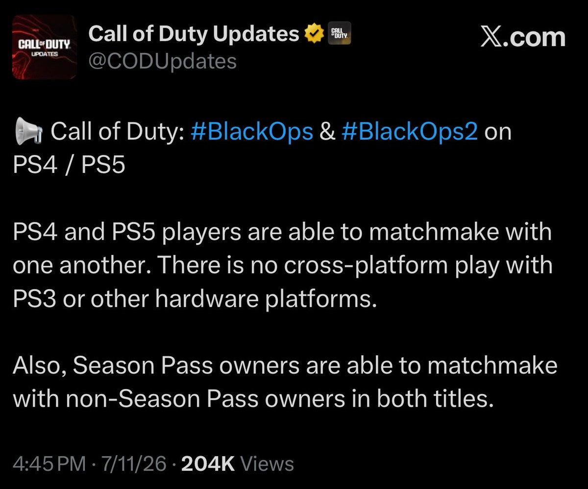 ModernWarzone's tweet photo. PS4 and PS5 players CAN matchmake with each other on the Black Ops 1 and 2 Ports, crossplay does work across those consoles. 

Sorry for any confusion with previous posts. Glad it’s clarified now. https://t.co/k9orHfvYdw