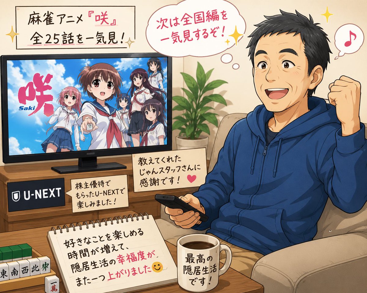 tomotaka_T's tweet photo. ボランティア雀士でお世話になっている雀荘スタッフさんに教えていただいた麻雀アニメ『咲』全25話を、U-NEXTの株主優待を使って一気見しました🀄️📺

想像以上に面白くて、次は『咲 全国編』へ✨

好きなことを楽しめる時間が増え、隠居生活の幸福度がまた一つ上がりました😊

感謝してます🍀 https://t.co/F5czK7hExW