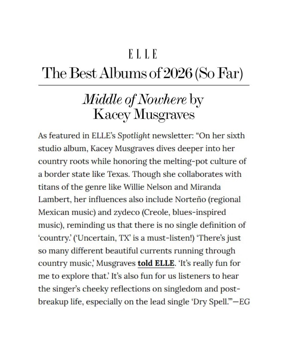 KaceyAccess's tweet photo. ELLE names Kacey Musgraves’ “Middle of Nowhere” as one of the best albums of 2026 so far. https://t.co/vpm2c7lmlC