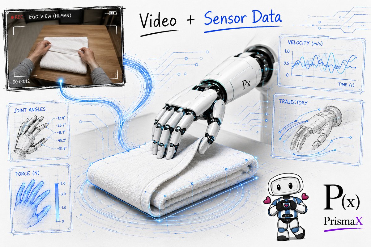 aeroxdn's tweet photo. Imagine teaching a robot how to fold a towel

A video shows what happened
The sensor data explains how it happened

That is the combination I find most compelling about @PrismaXai's data pipeline

The visual stream captures the full context of the task
A person reaches for the towel, adjusts their grip, smooths the fabric, and reacts naturally when it slips. Every movement unfolds in a real environment instead of a perfectly controlled lab. This egocentric perspective gives the model an immersive view of the scene as the operator experiences it

Alongside that, the sensor stream records another layer of understanding
It captures joint positions, grip force, velocity and acceleration, plus spatial movement throughout the task. These signals make it possible to reconstruct the physical state of the embodiment at all times

Together, those signals create a much richer training example than either modality could provide alone.
The video tells the model what the world looked like from the operator's point of view
The sensors reveal how the body interacted with that world through precise dynamics and forces

When those two perspectives stay synchronized, robots gain a far better understanding of physical tasks instead of simply copying appearances. The model learns not only the visual outcome but also the causal relationships between actions and results. This is especially valuable for everyday activities where tiny adjustments matter far more than perfect repetition, because real environments are full of variability, slips and unexpected changes

Whether it is organizing shelves, preparing food, or folding laundry, the goal is not collecting more recordings
It is collecting demonstrations that capture both perception and action with enough fidelity for physical AI to learn from  

That foundation becomes even stronger when the community helps validate the quality of each contribution before it enters the training pipeline. Reviewers score episodes against PrismaX data standards, ensuring only high fidelity examples move forward

Good models begin with good data
Great models begin with data that reflects how people actually move through the real world