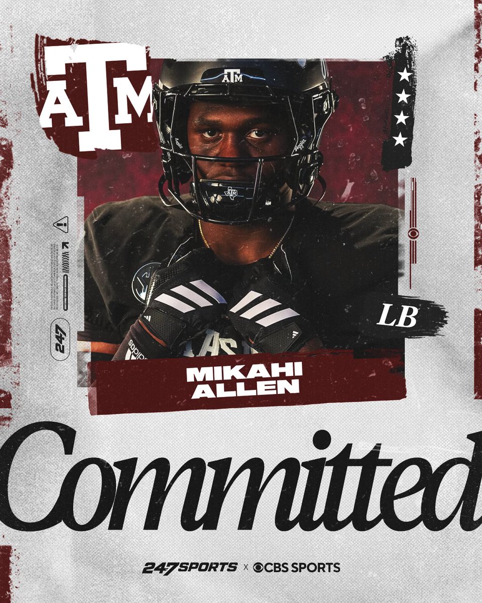 247Sports's tweet photo. BREAKING: 4-star LB Mikahi Allen has committed to Texas A&amp;M 🚨

Allen is the No. 19 LB in the 2027 class https://t.co/2ar6I2F1uG