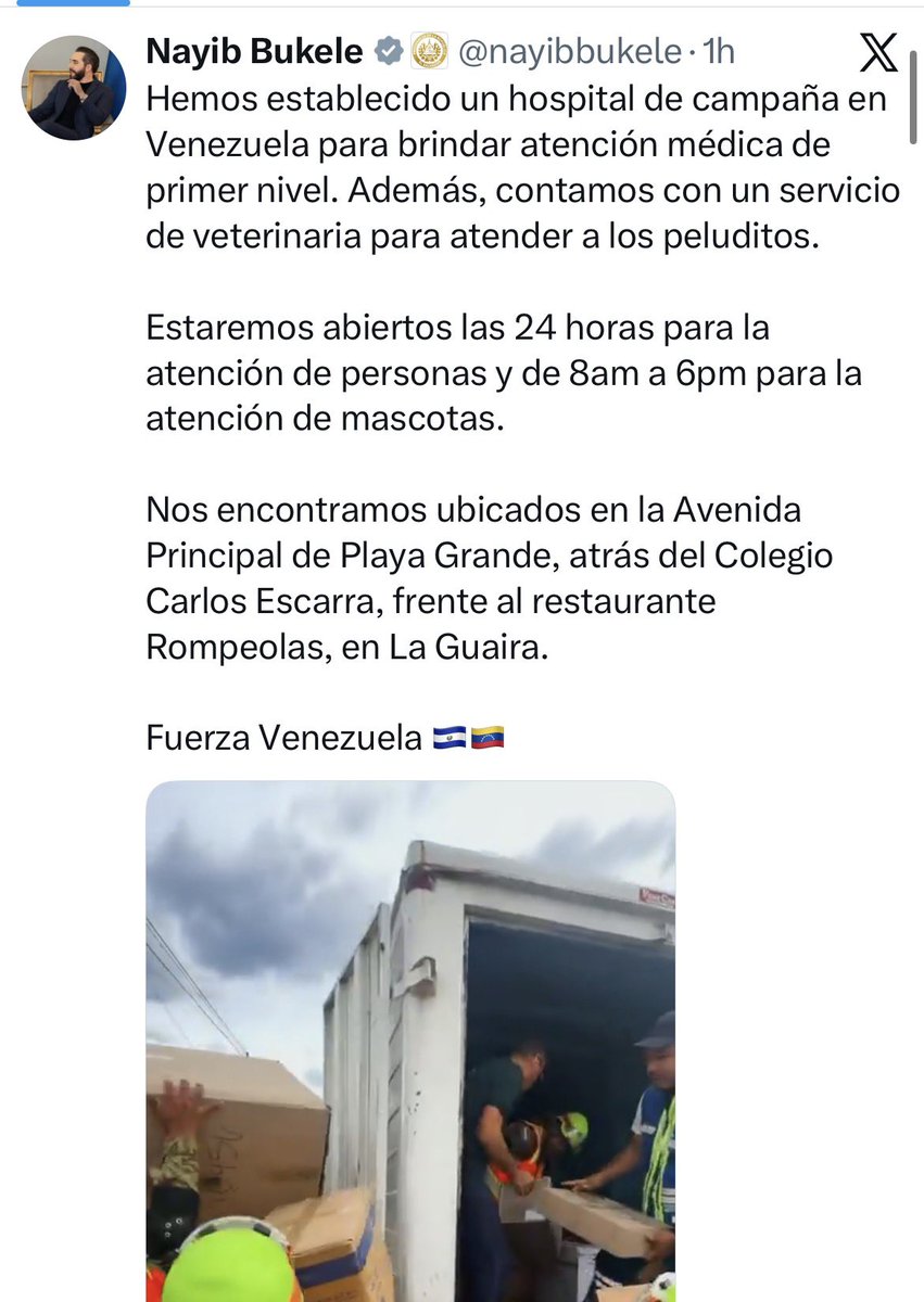 cuartaagenda's tweet photo. Gobierno salvadoreño instala hospital de campaña en Venezuela. 

El Presidente Nayib Bukele, informó en sus redes sociales, que se ha establecido un hospital de campaña en Venezuela para brindar atención médica de primer nivel. https://t.co/uLSYAD9FU6