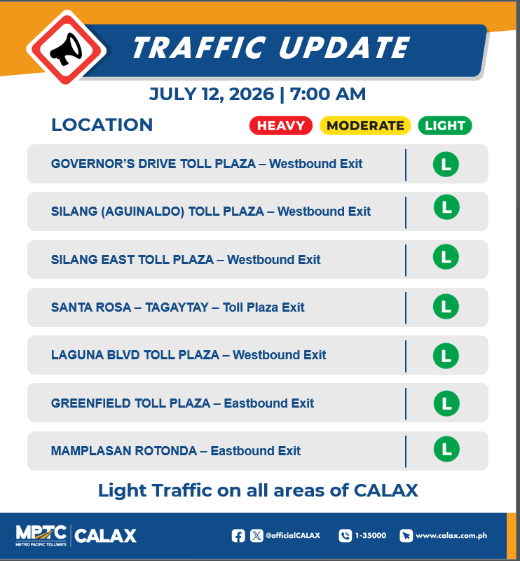 OfficialCALAX's tweet photo. July 12,2026 | 7:00 AM
Incase of Emergencies and Assistance 
Dial 24/7 Hotline 1-35000 
Check your BLOWBAGETS 
Drive safe Ka-Drayberks! https://t.co/dNMLtFgglL