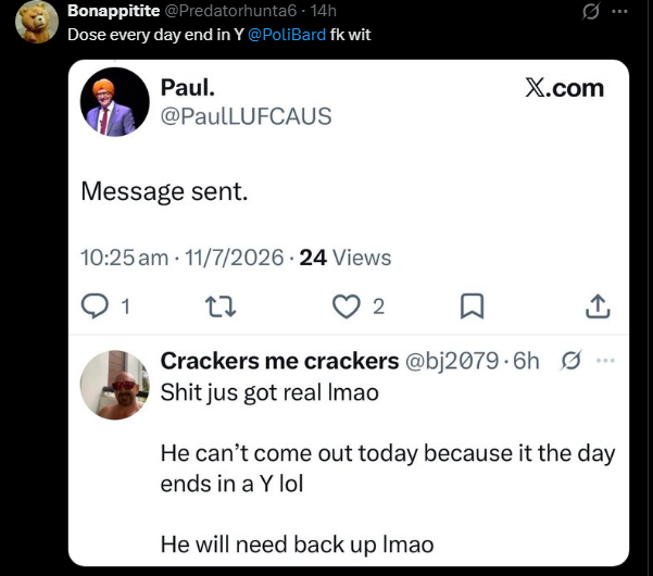 Razor1640's tweet photo. Hey @PaulLUFCAUS you get a reply from this #MultipleAccounts Proven Coward yet? 🤣🤣🤣

What's the bet he just reported your message like the coward mutt he is 🤣🤣🤣🤣🤣🤣🤣

Look @nic_vasiliou/@Revs77! Look at how your retarded mental m1dget mate @liamRockstat copes by making fake threats & using empty worded demands 🤭🤭🤭🤭🤭

Must be a day ending in Y hehehehehehehehe

He's coping so well he brought out @Predatorhunta6 & @HarryJenso to back up his @liamRockstat coward account 🤪

Again 🤣🤣🤣

Hehehehehe

Poor lonely little retard is all alone 🤣🤣🤣

He doesn't even have you for back up, @nic_vasiliou @Revs77 

Hehehehehehe