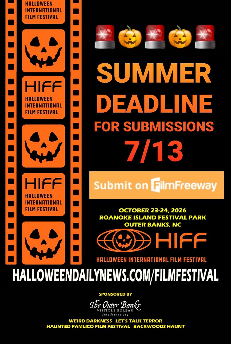 HIFilmFestival's tweet photo. 🚨🎃🚨🎃🚨 Summer Deadline for film submissions for our 7th Halloween International Film Festival is this Monday the 13th. Submit your independent horror and Halloween-themed shorts and feature films on FilmFreeway: https://t.co/lSwcpXYkU8 

🚨🎃🚨🎃🚨 https://t.co/rtpjf0ESHv