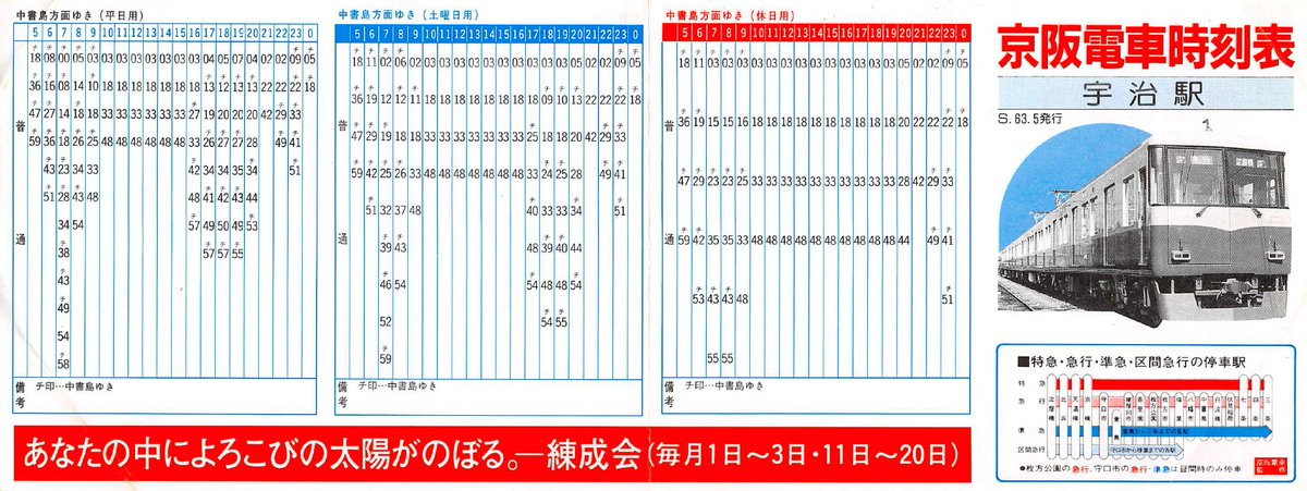 棚からひとつかみ】 京阪電車宇治駅のポケット時刻表(1988.5)。 表題は
