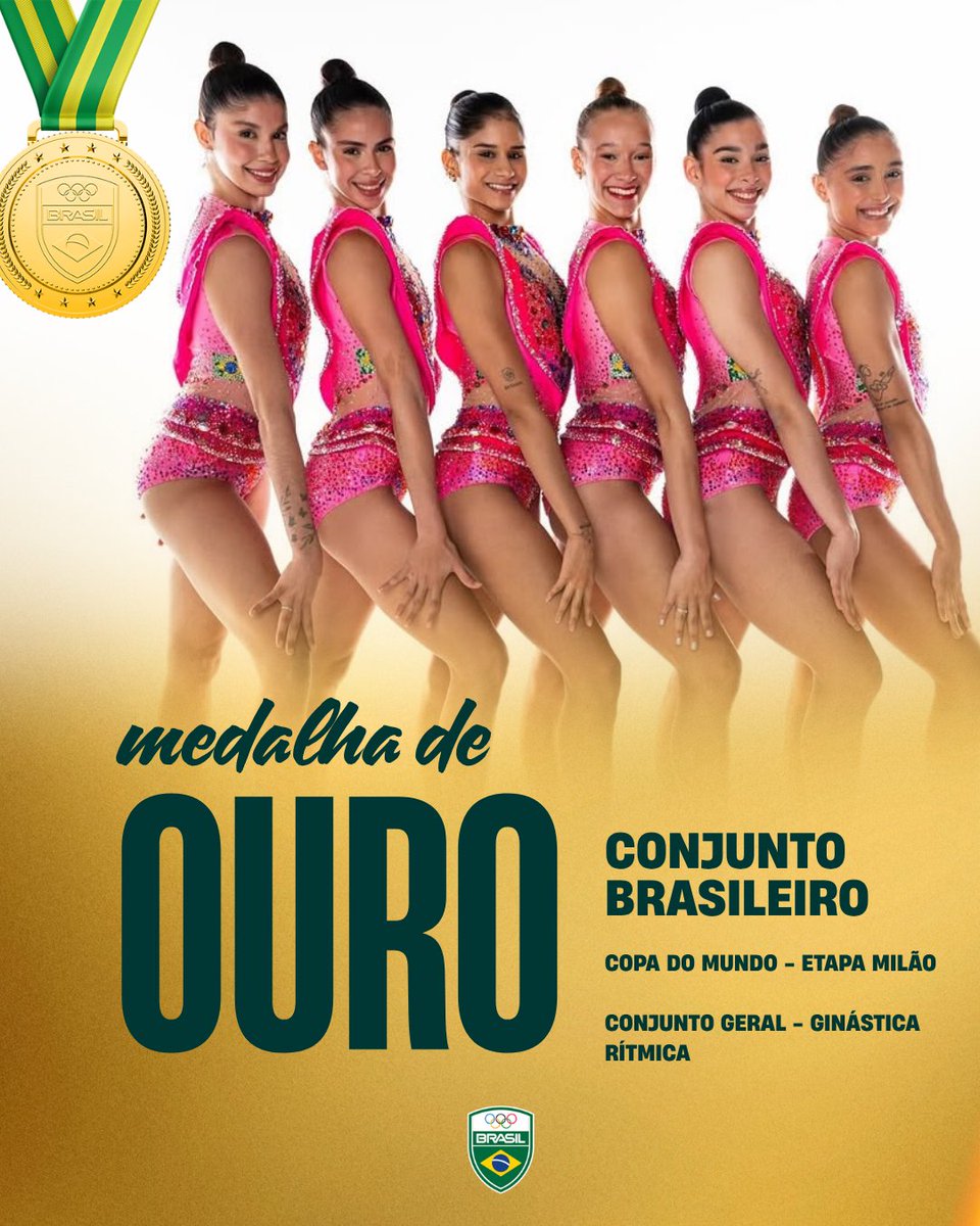 timebrasil's tweet photo. É OURO PRAS LEOAS! 🥇

A Seleção Brasileira de Conjunto de Ginástica Rítmica deu um show em Milão, na Itália, e conquistou medalha de ouro no conjunto geral da Copa do Mundo! A equipe somou 56.050 pontos nas séries de cinco bolas e mista. 💚💛

#TimeBrasil #GinásticaRítmica https://t.co/Sk9I8F4tQF