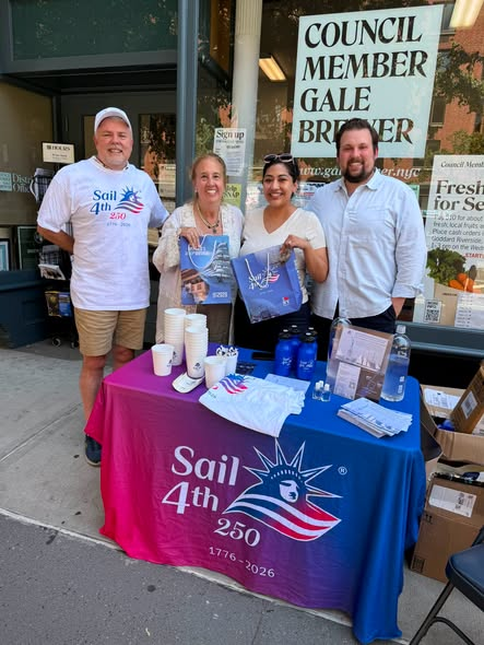 galeabrewer's tweet photo. @galeabrewer Greg Kirsopp and April Cardena kindly brought merchandise regarding Sail 4th of July 250 to a Pop Up table outside the District Office at 563 Columbus Ave and gave it all out to New Yorkers! Go see the ships! Jul 2 2026 @GregoryJKirsopp @sail4th https://t.co/RZ5ZuwK6pc